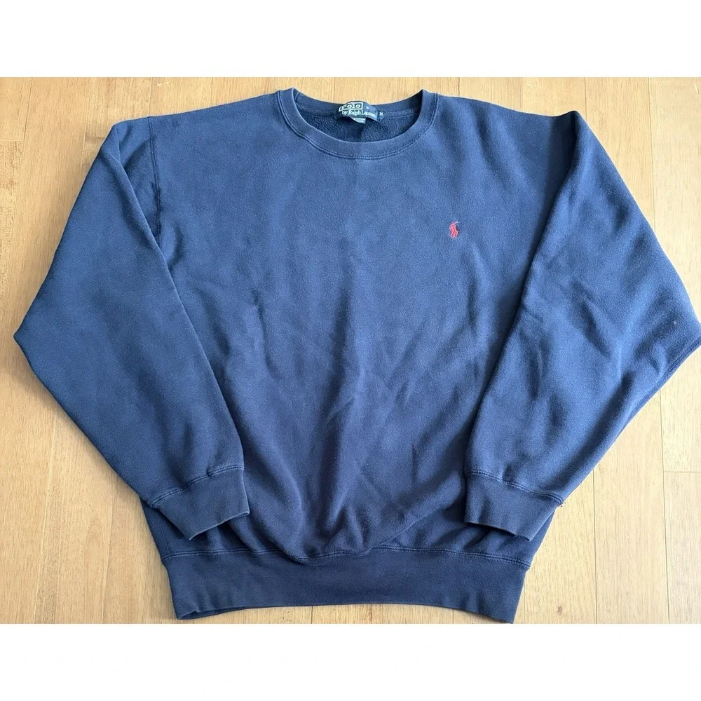 Vintage 90s Polo Ralph Lauren Sweatshirt Mens Medium Navy Blue Boxy Crewneck